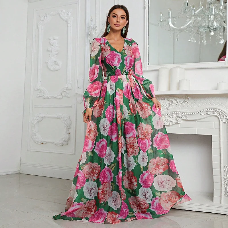 NiDELL European and American Ladies Long Dress Chiffon V-neck Long-Sleeve Dress Spring and Summer Print Holiday Dress-MGN152-4