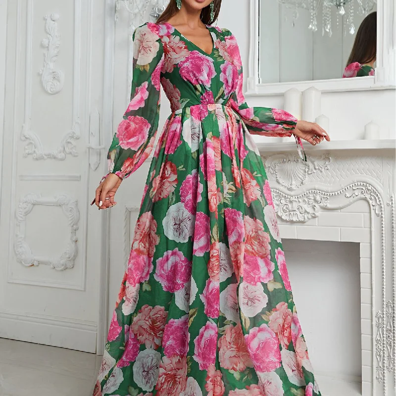 NiDELL European and American Ladies Long Dress Chiffon V-neck Long-Sleeve Dress Spring and Summer Print Holiday Dress-MGN152-4