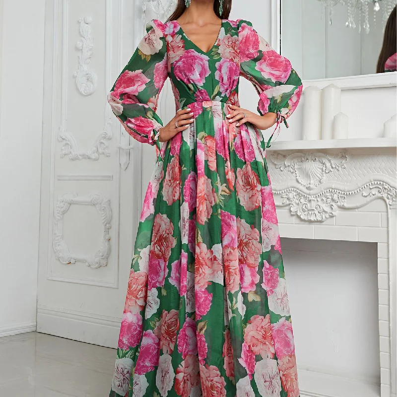 NiDELL European and American Ladies Long Dress Chiffon V-neck Long-Sleeve Dress Spring and Summer Print Holiday Dress-MGN152-4