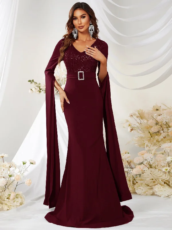 NiDELL New Split Sleeve V-neck Sequin Ball Gown High Waist Sheath Fishtail Trailing Dress-SS251-1