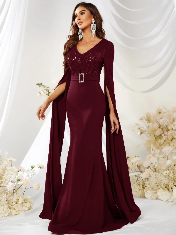 NiDELL New Split Sleeve V-neck Sequin Ball Gown High Waist Sheath Fishtail Trailing Dress-SS251-1