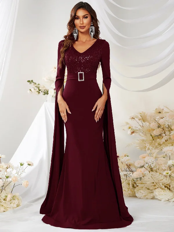 NiDELL New Split Sleeve V-neck Sequin Ball Gown High Waist Sheath Fishtail Trailing Dress-SS251-1