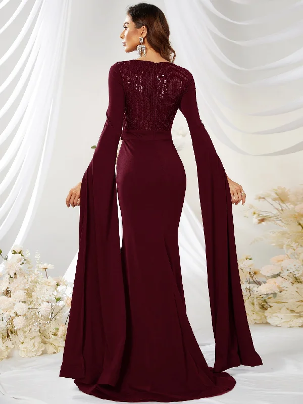 NiDELL New Split Sleeve V-neck Sequin Ball Gown High Waist Sheath Fishtail Trailing Dress-SS251-1