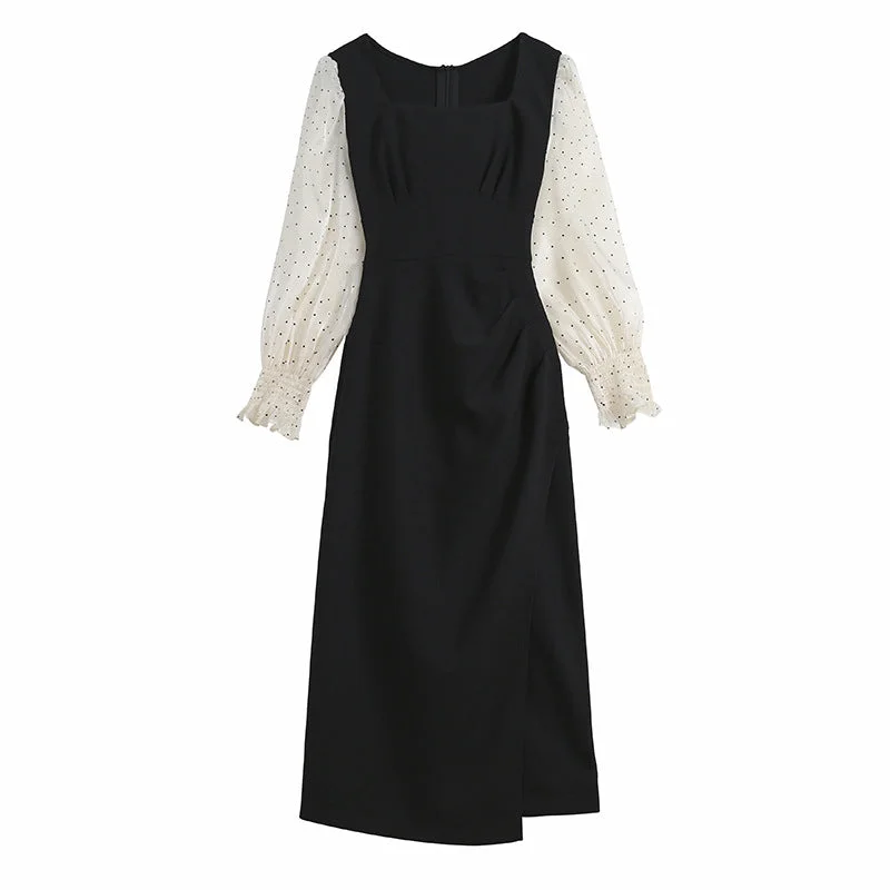 NiDELL Socialite Temperament . Autumn New Square Collar Puff Sleeve Mesh Stitching Ruffle Split Sheath Mid-Length Dress