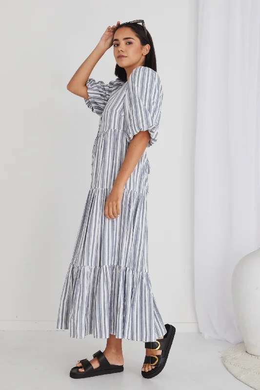 Noya Navy Stripe Puff Ss Buttoned Tiered Maxi Dress