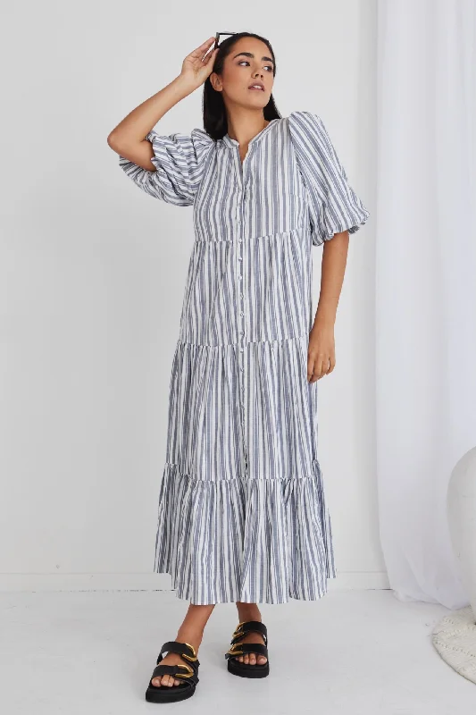 Noya Navy Stripe Puff Ss Buttoned Tiered Maxi Dress