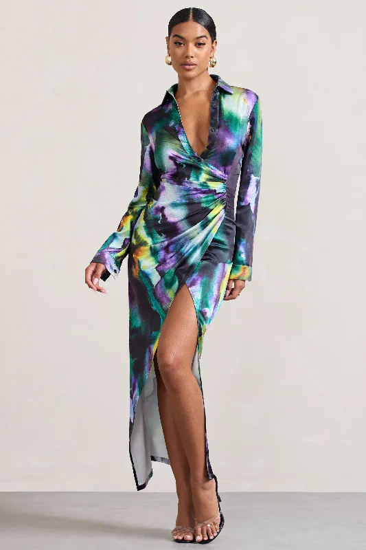 Oasis | Watercolour Print Satin Long-Sleeved Maxi Shirt Dress