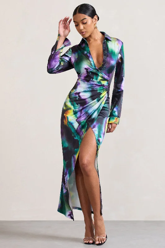 Oasis | Watercolour Print Satin Long-Sleeved Maxi Shirt Dress