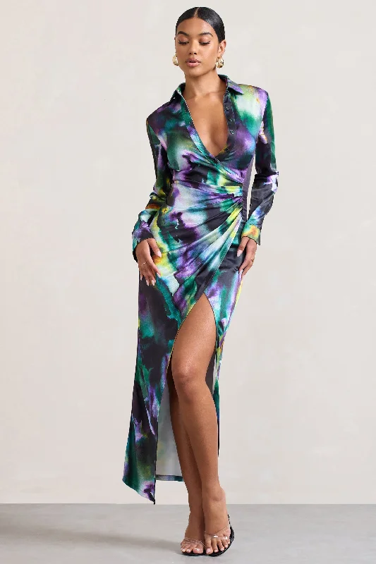 Oasis | Watercolour Print Satin Long-Sleeved Maxi Shirt Dress