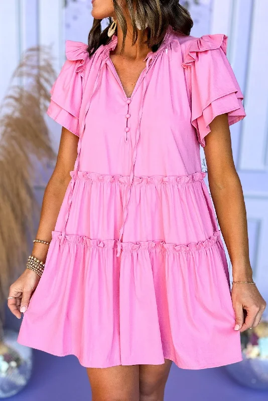 Pink Ruffle Hem V Neck Tiered Dress