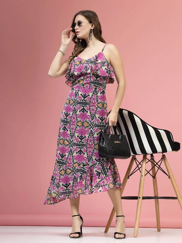 Violet  Black Floral Printed Shoulder Straps A-Line Midi Dress