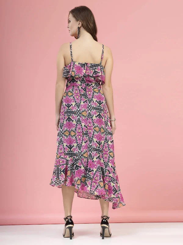 Violet  Black Floral Printed Shoulder Straps A-Line Midi Dress