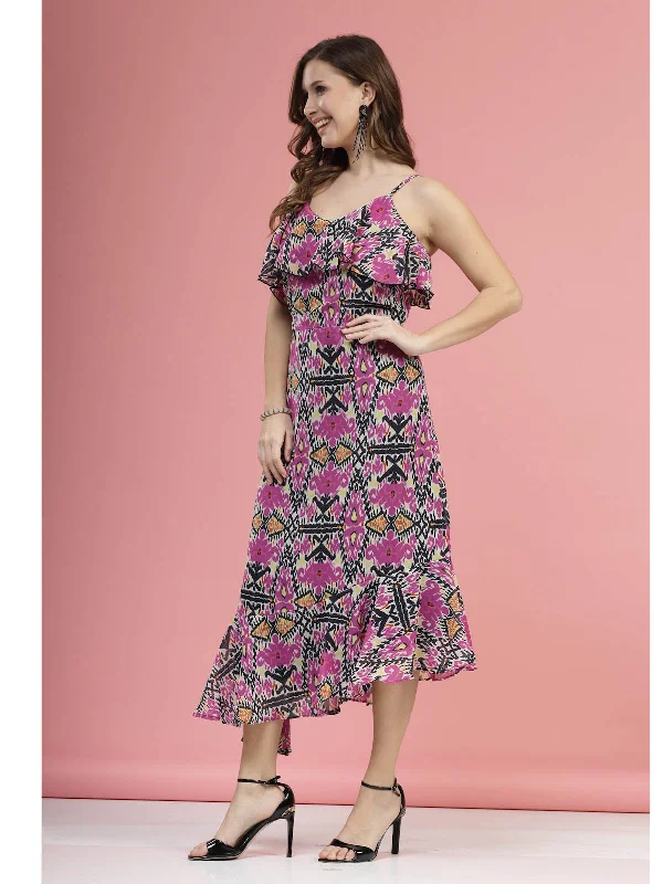 Violet  Black Floral Printed Shoulder Straps A-Line Midi Dress