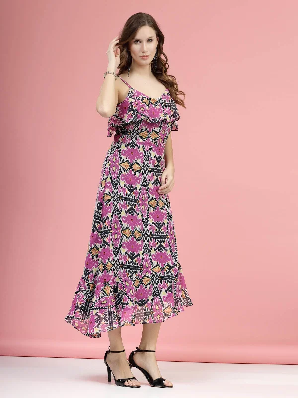 Violet  Black Floral Printed Shoulder Straps A-Line Midi Dress