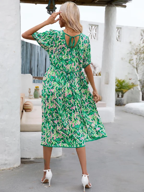 Print Holiday Loose Round Neck Puff Dresses