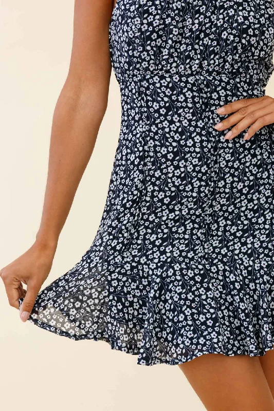 Promise Me Ruched Bust Pintuck Pleat Detail Dress Floral Print Navy