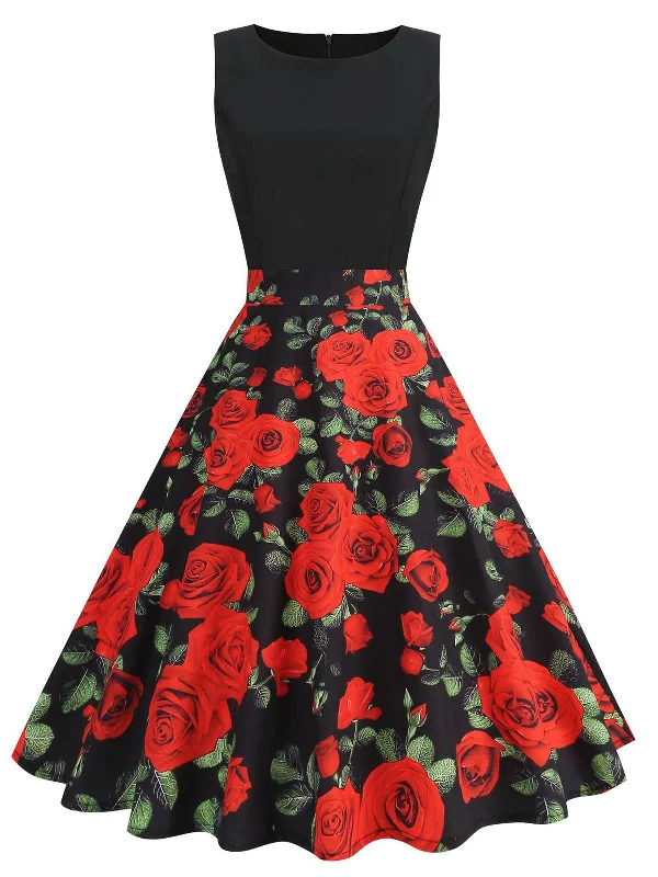 Red 1950s Roses Patchwork Swing Dress