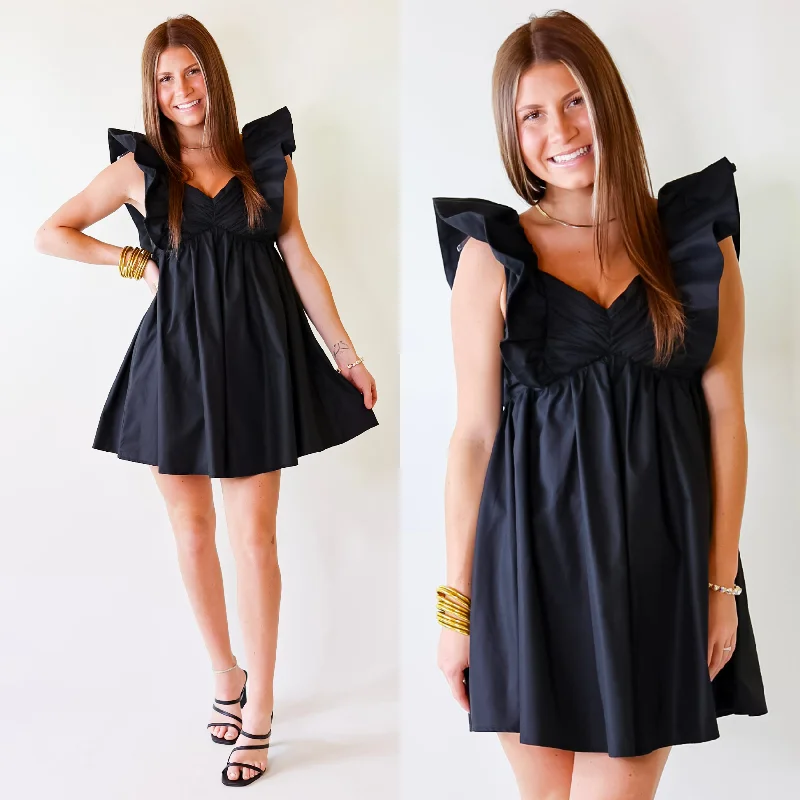 Pixie Perfect Ruffled Sleeve V Neck Dress in Black