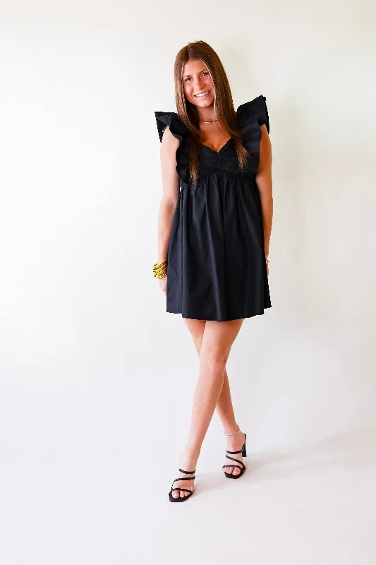 Pixie Perfect Ruffled Sleeve V Neck Dress in Black