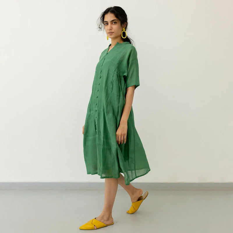 Chanderi Gathered Dress with Slip | A-Line | Green