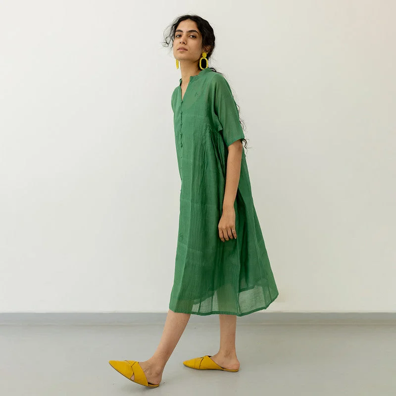 Chanderi Gathered Dress with Slip | A-Line | Green