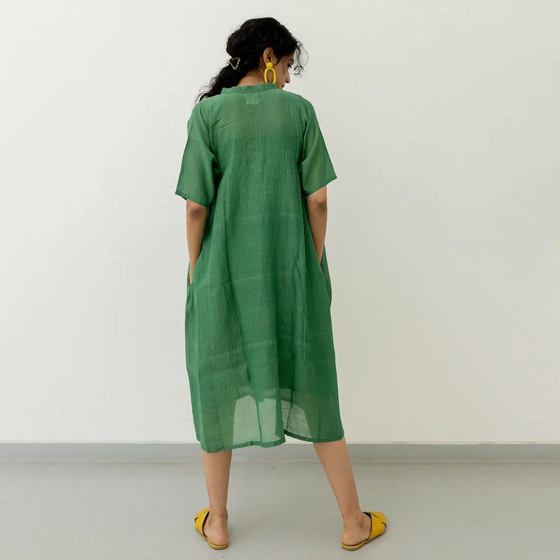 Chanderi Gathered Dress with Slip | A-Line | Green