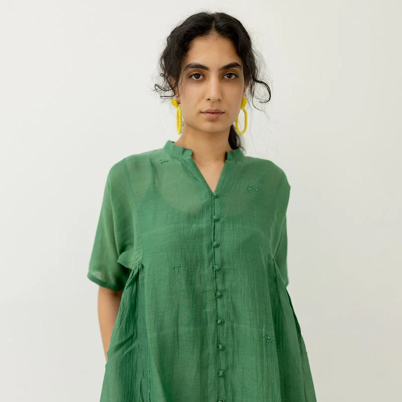 Chanderi Gathered Dress with Slip | A-Line | Green