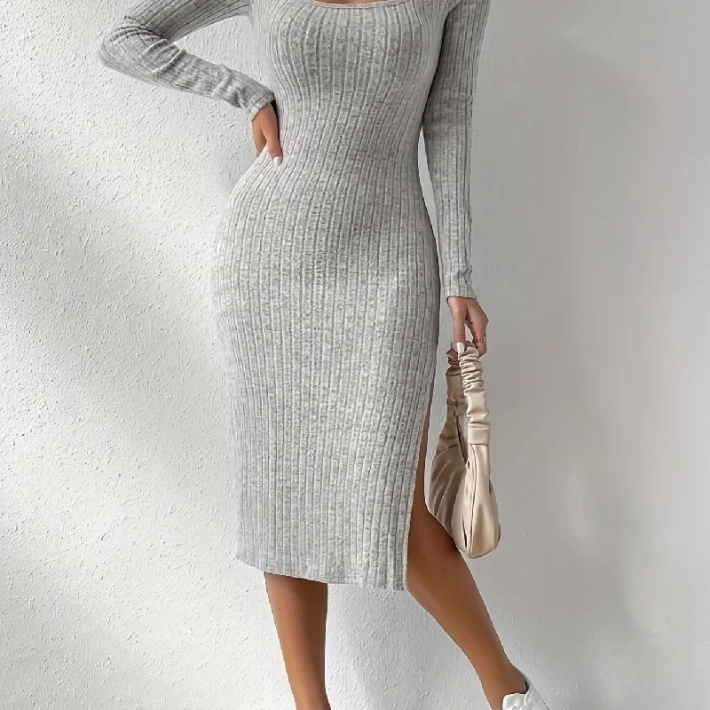 Sixsr Split Ribbed Dress, Elegant Solid Long Sleeve Bodycon Dress, Women's Clothing