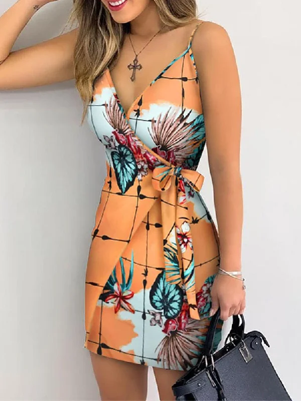 FashionSierra - Tropical Print V-Neck Wrap Casual Holiday Dress