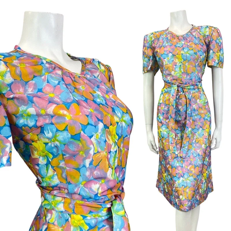 VINTAGE 60s 70s BLUE GREEN ORANGE FLORAL PSYCHEDELIC MOD SUMMER DRESS 14 16