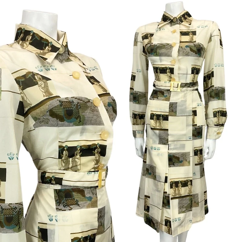 VINTAGE 60s 70s OFF WHITE BEIGE TAN NOVELTY PRINT BELTED MIDI MOD DRESS 12