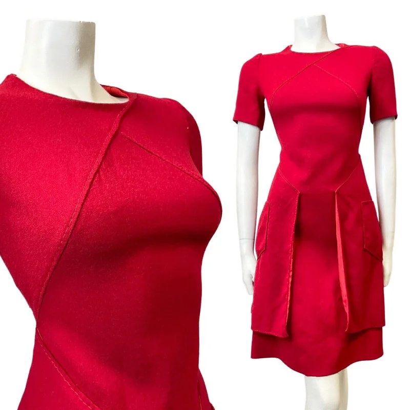 VINTAGE 60s 70s RUBY RED SHORTSLEEVE MOD FLARED DRESS 8