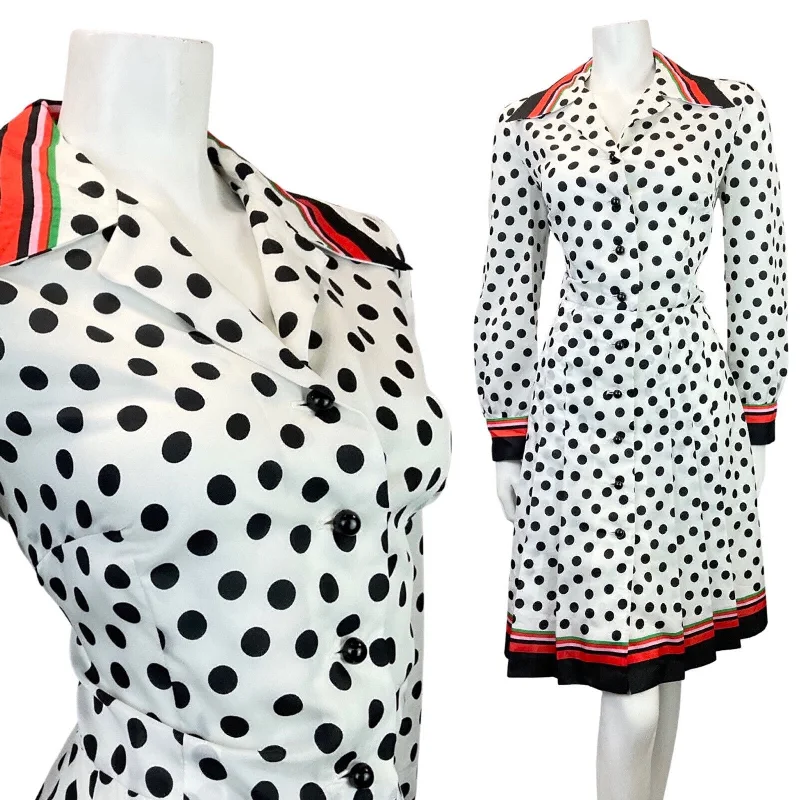 VINTAGE 60s 70s WHITE BLACK RED POLKA-DOT SPOTTED DAGGER SHIRT DRESS 14 16