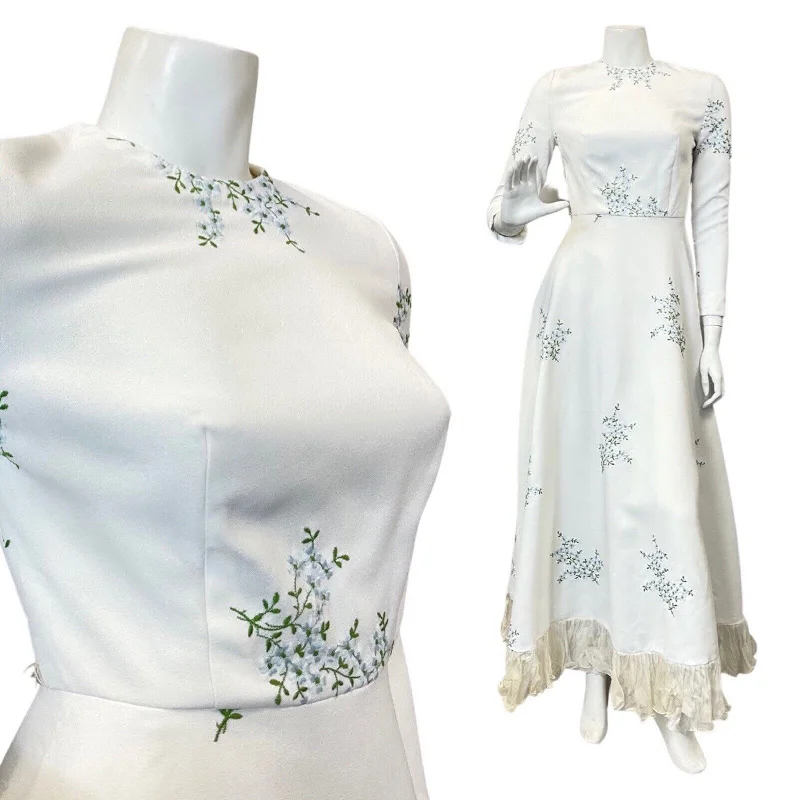 VINTAGE 60s 70s WHITE BLUE GREEN FLORAL EMBROIDERED PRAIRIE WEDDING MAXI DRESS 6