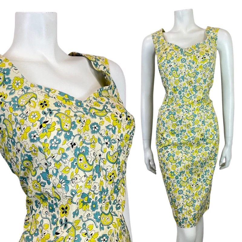 VINTAGE 60s 70s YELLOW BLUE WHITE PSYCHEDELIC FLORAL PAISLEY SLEEVELESS DRESS 14