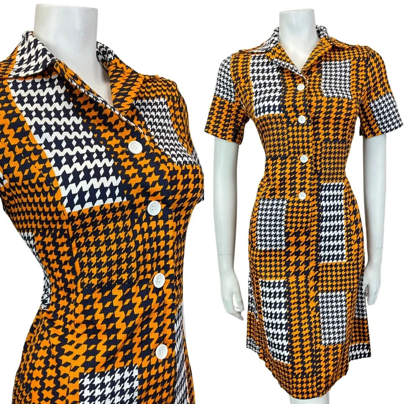 VINTAGE 60s STYLE 90s ORANGE BLUE WHITE GEOMETRIC DOGTOOTH DAGGER SHIRT DRESS 12