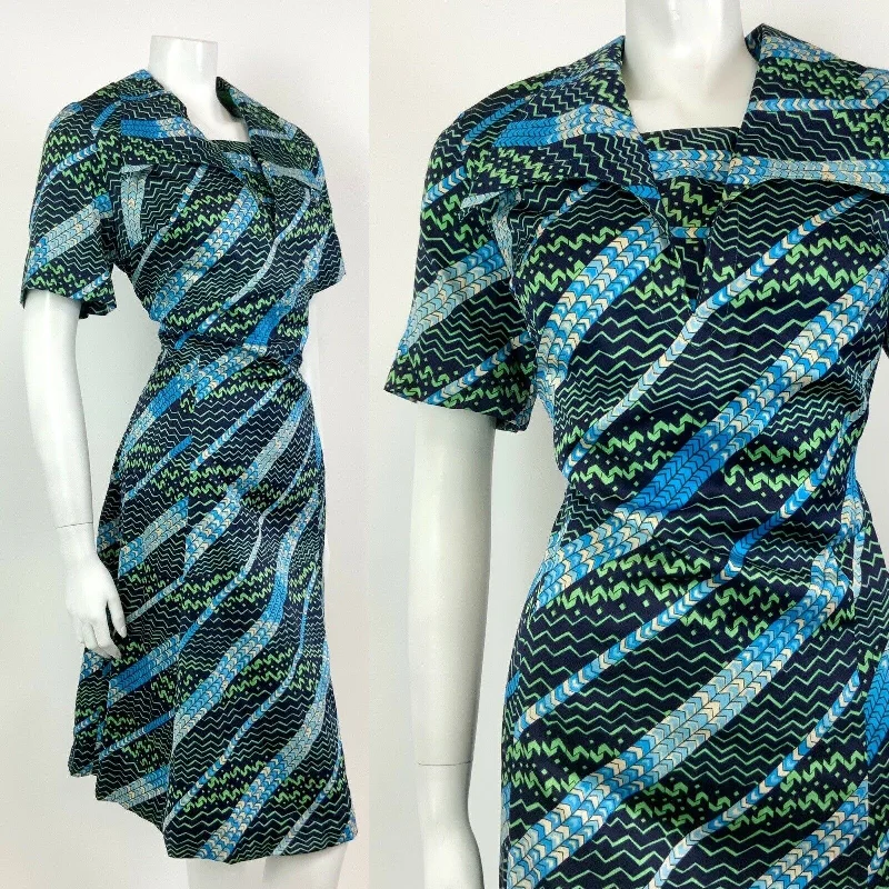 VTG 60s 70s BLUE GREEN WHITE STRIPED ZIG ZAG PSYCHEDELIC WING SHIRT DRESS 14 16