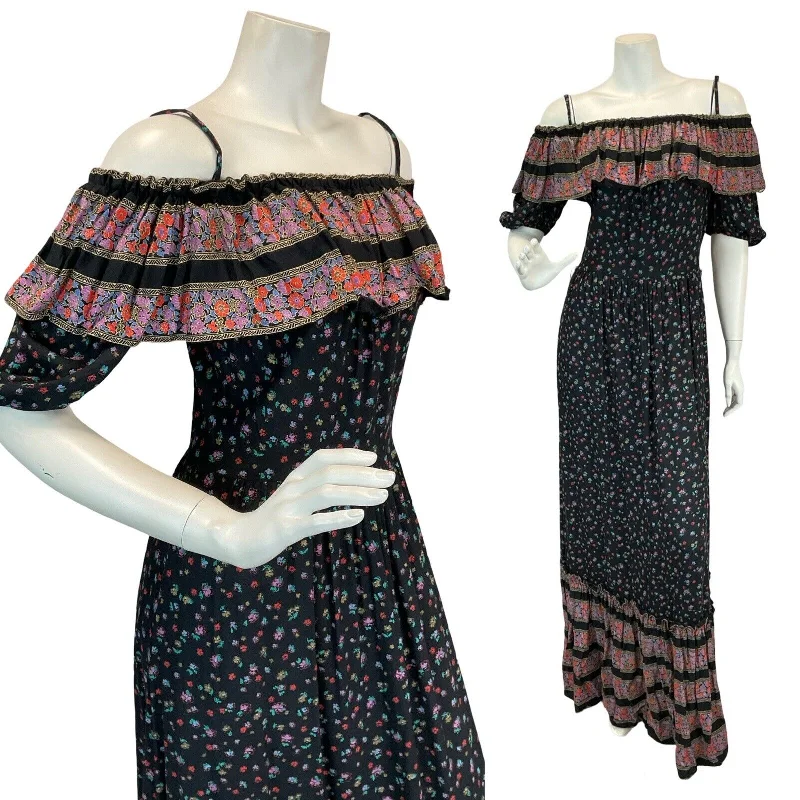 VTG 70s PRAIRIE COTTAGECORE BLACK MULTICOLOUR RUFFLE NECK MAXI DRESS 8