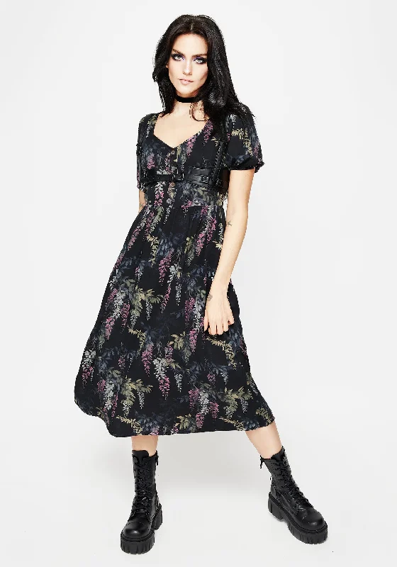 Wisteria Floral Print Puff Sleeve Midi Dress