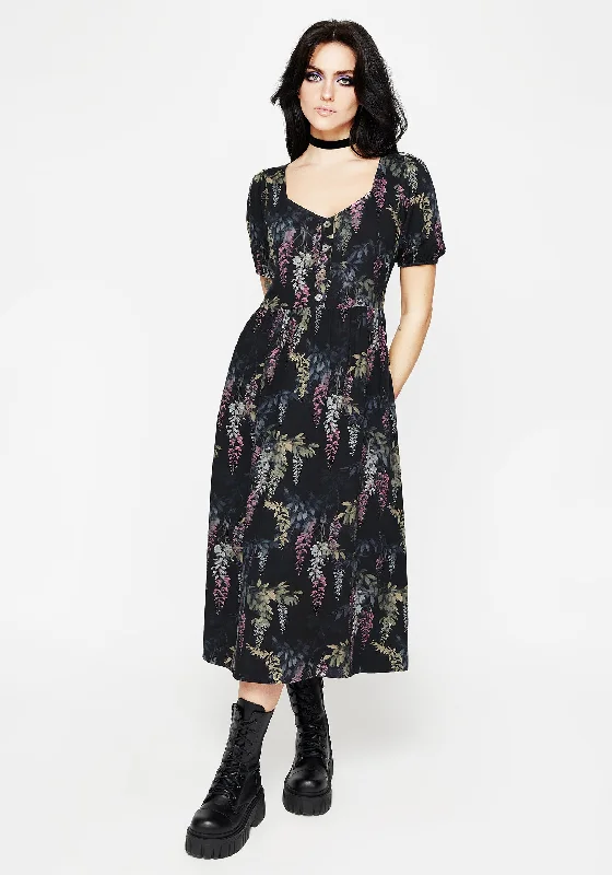 Wisteria Floral Print Puff Sleeve Midi Dress