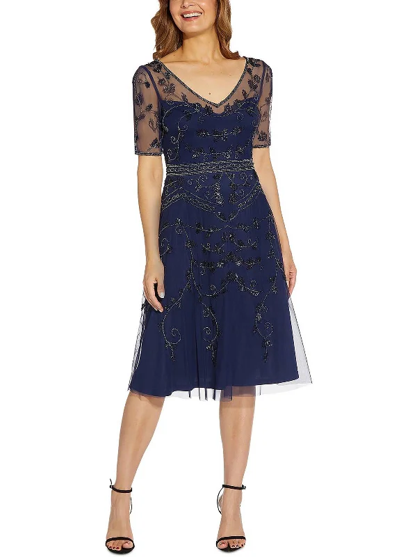 Womens Embellished Midi Cocktail and Party Dress