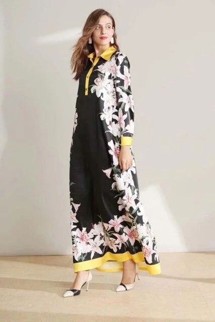 FashionSierra - Long Sleeves Floral Printed Loose Designer Fashion Casual Split Long Dresses