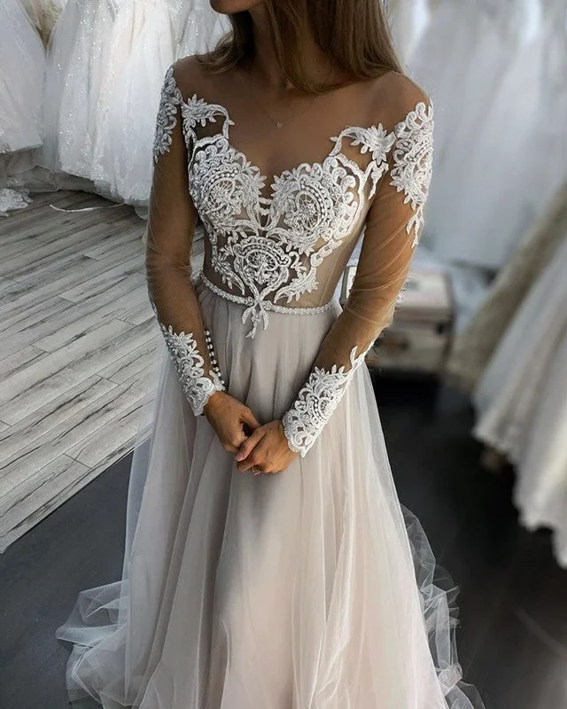 Long Sleeves Wedding Boho Dresses Lace Embroidery