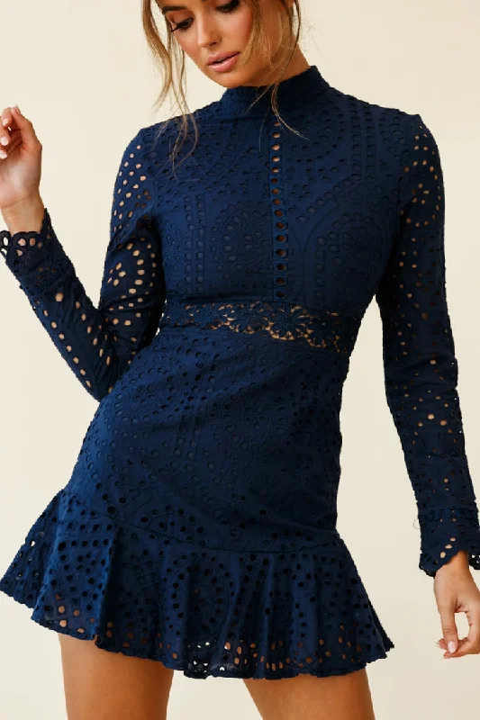 Anglaise Embroidered Long Sleeve Turtleneck Dress Navy