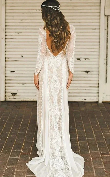 Boho Lace Front Split Long Sleeve Bateau-neck Keyhole Sheath Wedding Dress