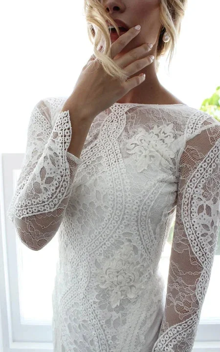 Boho Lace Front Split Long Sleeve Bateau-neck Keyhole Sheath Wedding Dress