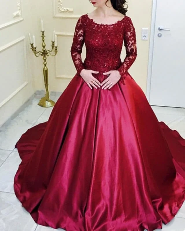 Burgundy Satin Ball Gown Wedding Dresses Lace Long Sleeves