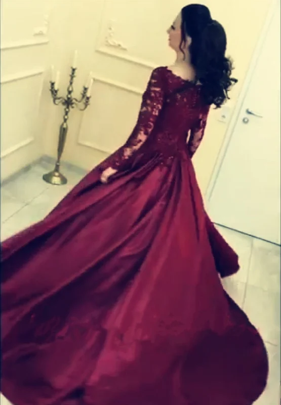 Burgundy Satin Ball Gown Wedding Dresses Lace Long Sleeves