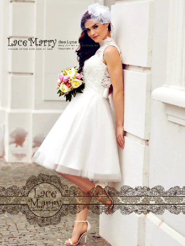 Custom Short Wedding Dress With Illusion Lace Bodice