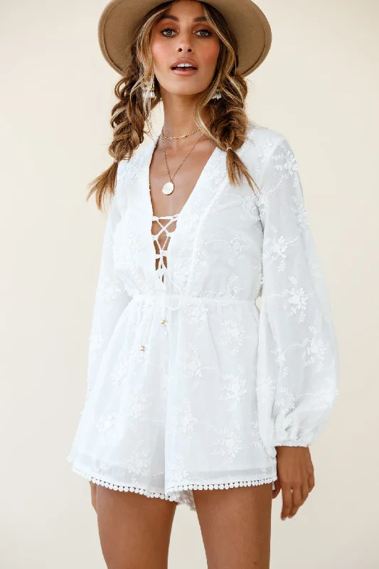 Esperanza Long Balloon Sleeve Floral Embroidery Romper White